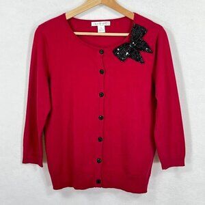 August Silk Dainty Feminine Beaded Bow 3/4 Sleeve Deep Red Cardigan Sweater M